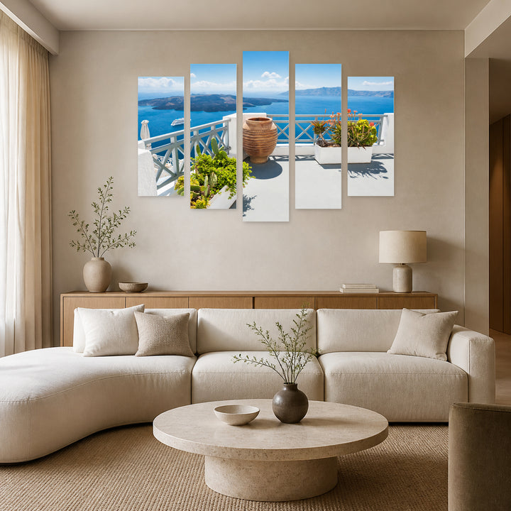 White Architecture of Santorini Island with Geometric Rhythm — five-panel wall art in frontal interior | 5wallart 56129 M3