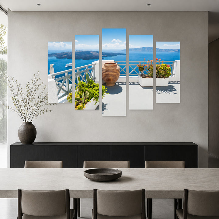 White Architecture of Santorini Island with Geometric Rhythm — five-panel wall art in alternate frontal interior | 5wallart 56129 M4