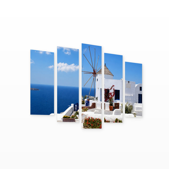 Windmill on Santorini Island with Geometric Rhythm — five-panel wall art on white background in perspective | 5wallart 56130 M1