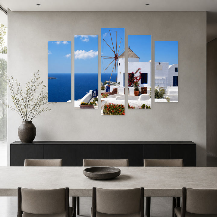 Windmill on Santorini Island with Geometric Rhythm — five-panel wall art in frontal interior | 5wallart 56130 M3