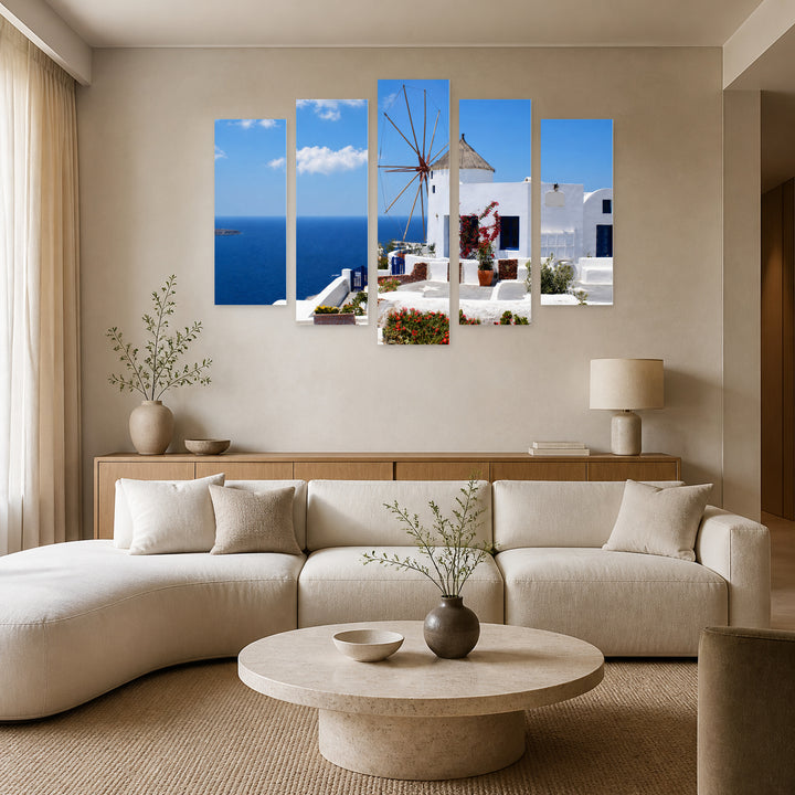 Windmill on Santorini Island with Geometric Rhythm — five-panel wall art in alternate frontal interior | 5wallart 56130 M4