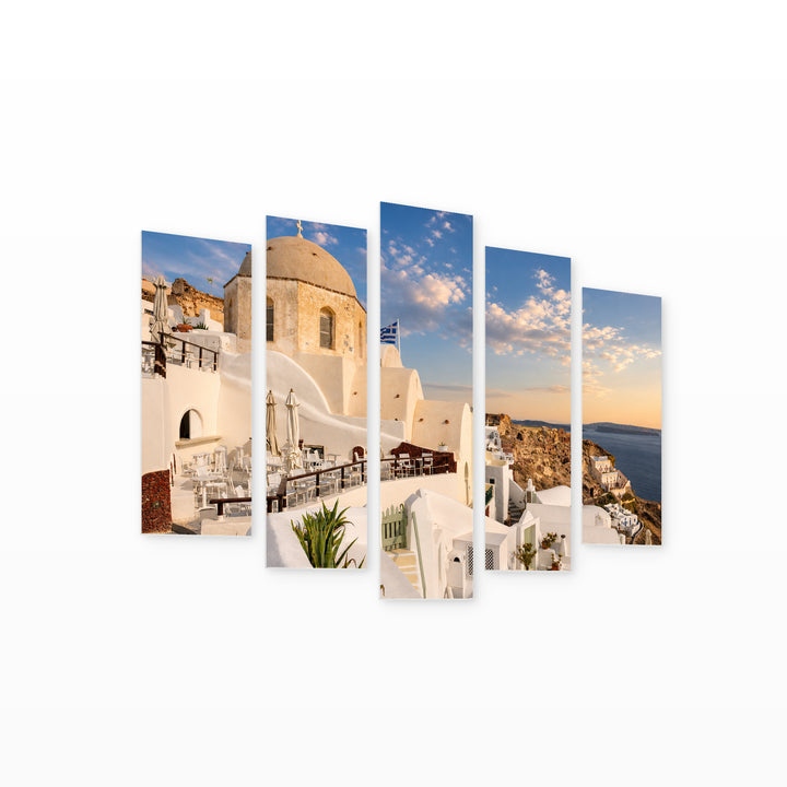 Oia Before Sunset in Santorini with Geometric Rhythm — five-panel wall art on white background in perspective | 5wallart 56131 M1