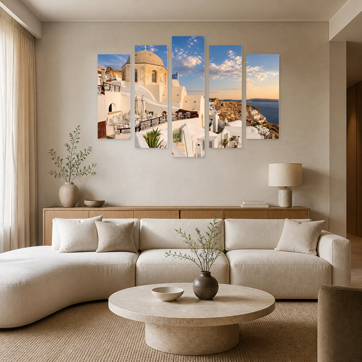 Oia Before Sunset in Santorini with Geometric Rhythm — five-panel wall art in frontal interior | 5wallart 56131 M3