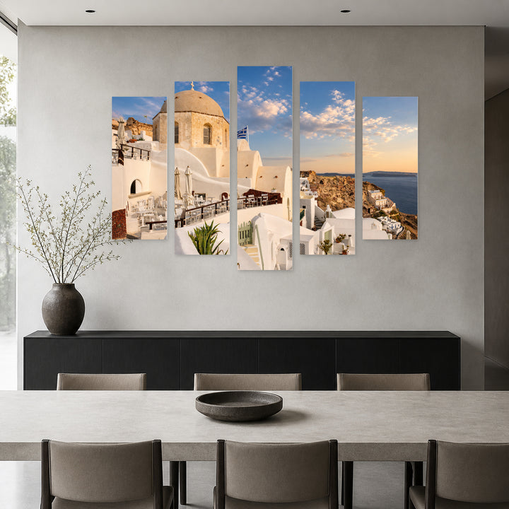 Oia Before Sunset in Santorini with Geometric Rhythm — five-panel wall art in alternate frontal interior | 5wallart 56131 M4