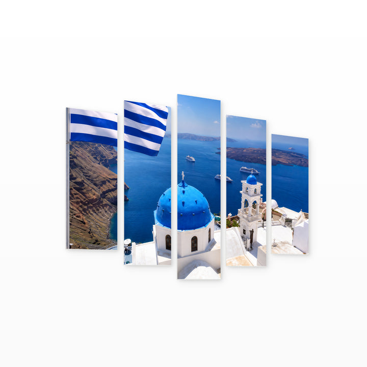 Santorini with Greek Flag in Vivid Color — five-panel wall art on white background in perspective | 5wallart 56132 M1