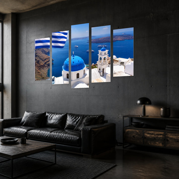 Santorini with Greek Flag in Vivid Color — five-panel wall art in perspective interior | 5wallart 56132 M2