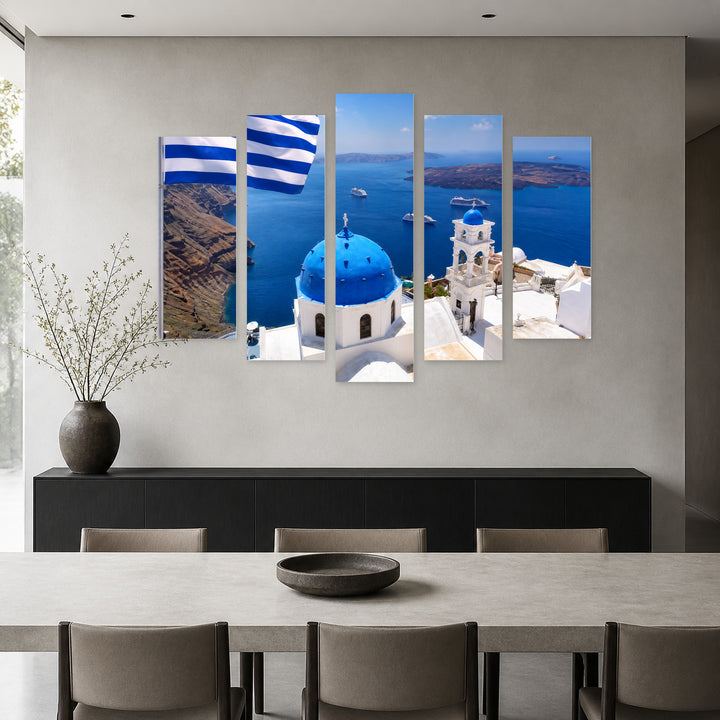 Santorini with Greek Flag in Vivid Color — five-panel wall art in frontal interior | 5wallart 56132 M3