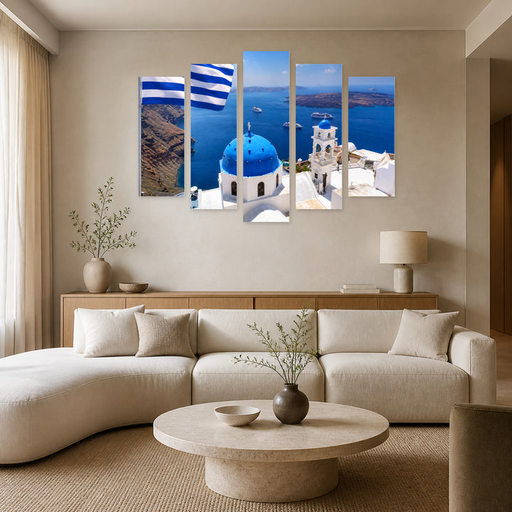 Santorini with Greek Flag in Vivid Color — five-panel wall art in alternate frontal interior | 5wallart 56132 M4