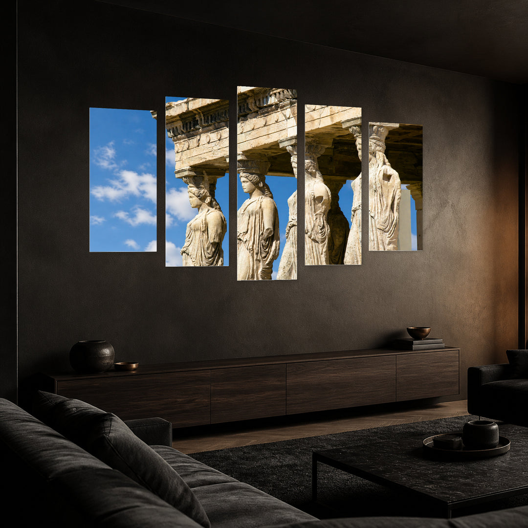 Sculptures from the Athenian Acropolis Urban Panorama — five-panel wall art in perspective interior | 5wallart 56133 M2