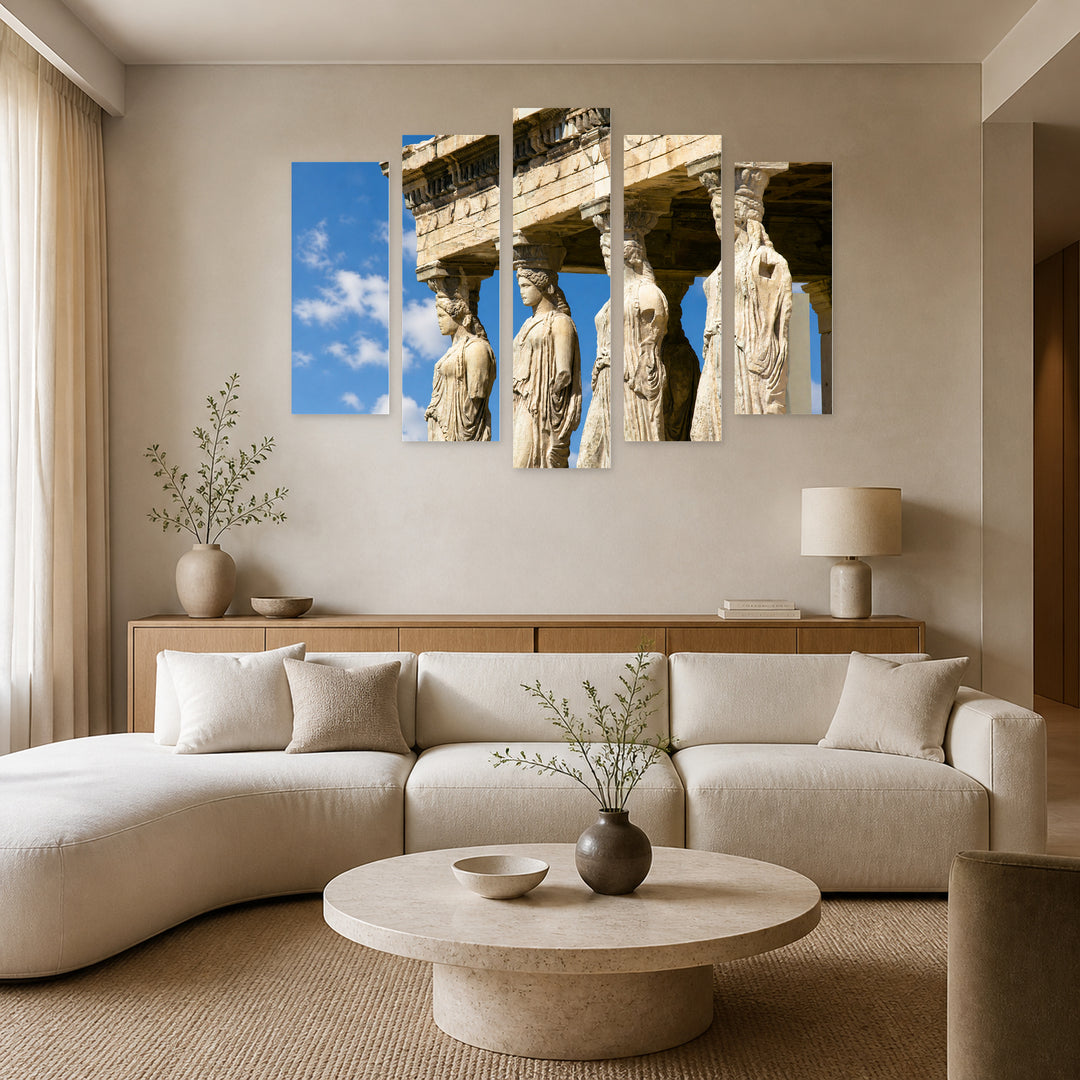 Sculptures from the Athenian Acropolis Urban Panorama — five-panel wall art in frontal interior | 5wallart 56133 M3