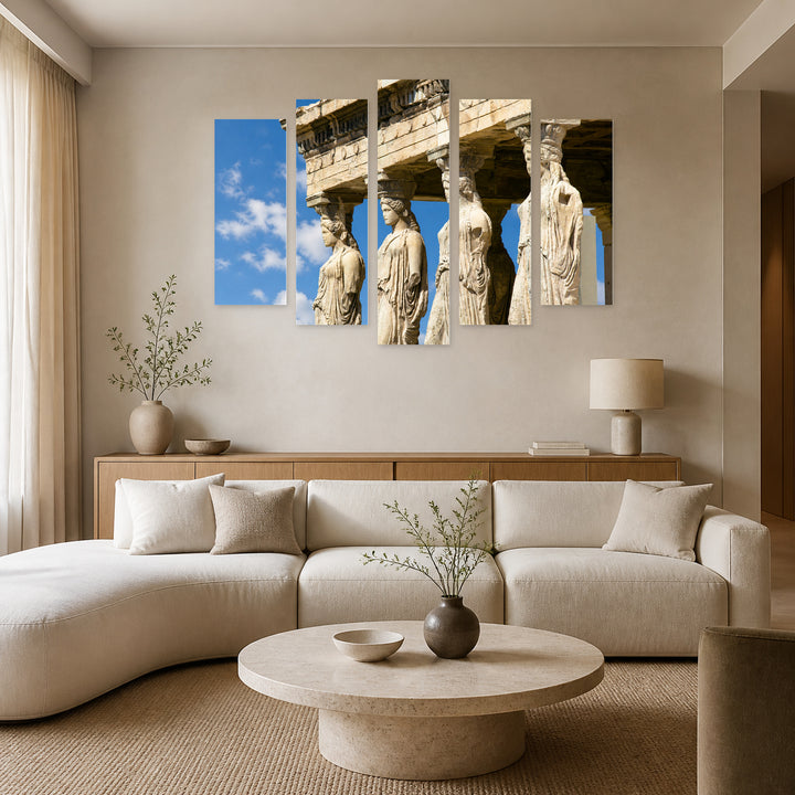 Sculptures from the Athenian Acropolis Urban Panorama — five-panel wall art in frontal interior | 5wallart 56133 M3