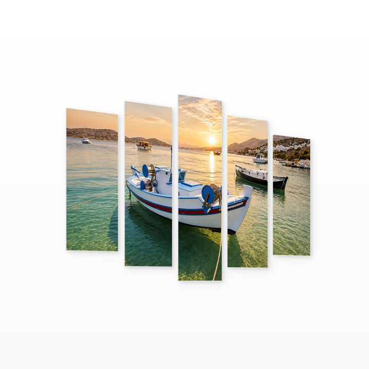 Fishing Boats Along the Coast at Golden Sunset — five-panel wall art on white background in perspective | 5wallart 56134 M1