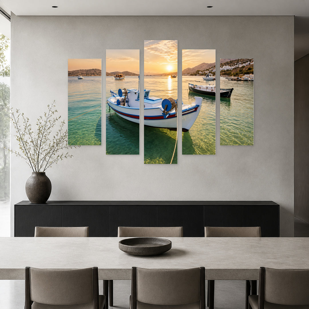 Fishing Boats Along the Coast at Golden Sunset — five-panel wall art in frontal interior | 5wallart 56134 M3