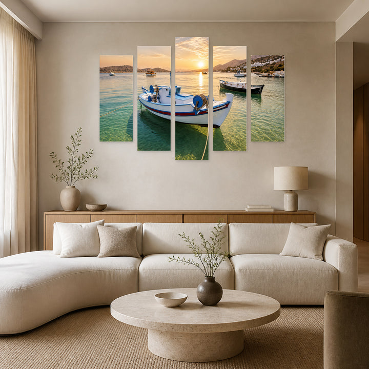 Fishing Boats Along the Coast at Golden Sunset — five-panel wall art in alternate frontal interior | 5wallart 56134 M4