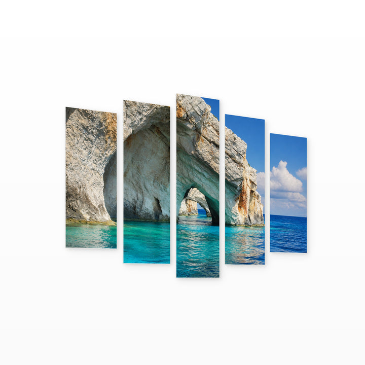 Water Caves of Zakynthos Island with Geometric Rhythm — five-panel wall art on white background in perspective | 5wallart 56135 M1