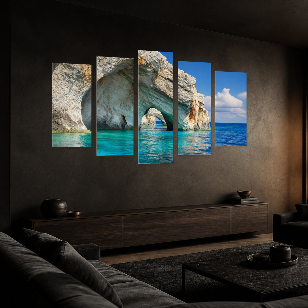 Water Caves of Zakynthos Island with Geometric Rhythm — five-panel wall art in perspective interior | 5wallart 56135 M2