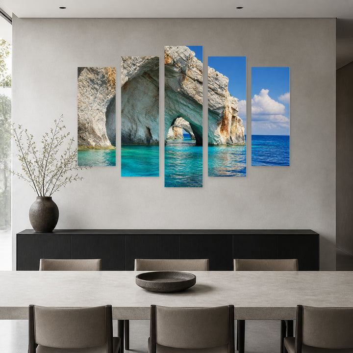 Water Caves of Zakynthos Island with Geometric Rhythm — five-panel wall art in alternate frontal interior | 5wallart 56135 M4