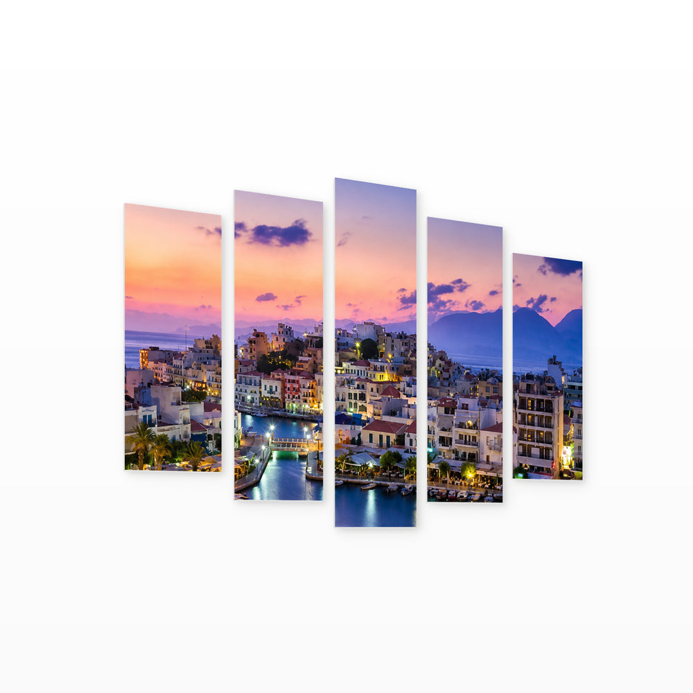 Agios Nikolaos with Geometric Rhythm — five-panel wall art on white background in perspective | 5wallart 56136 M1