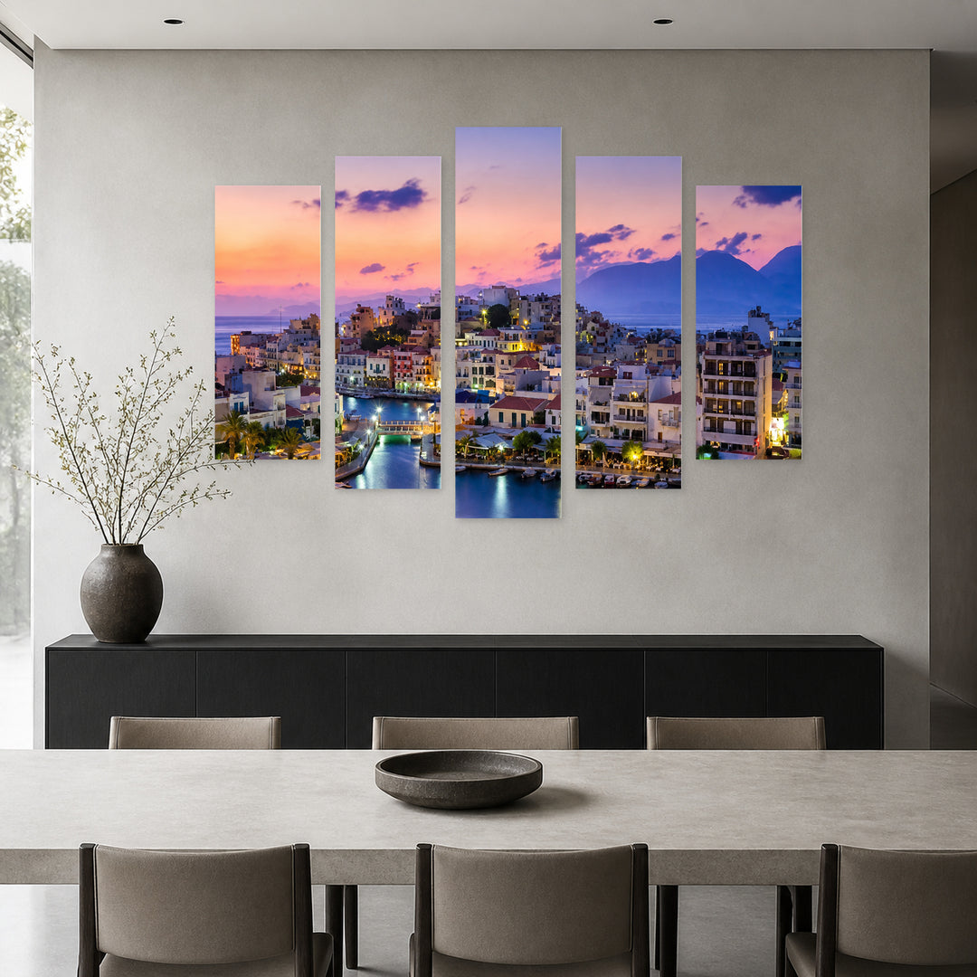 Agios Nikolaos with Geometric Rhythm — five-panel wall art in frontal interior | 5wallart 56136 M3