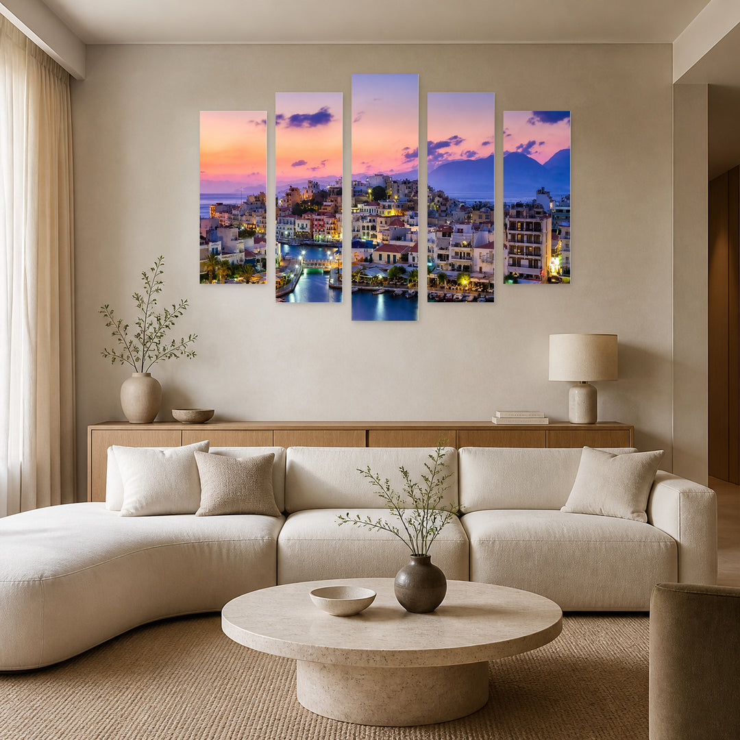 Agios Nikolaos with Geometric Rhythm — five-panel wall art in alternate frontal interior | 5wallart 56136 M4