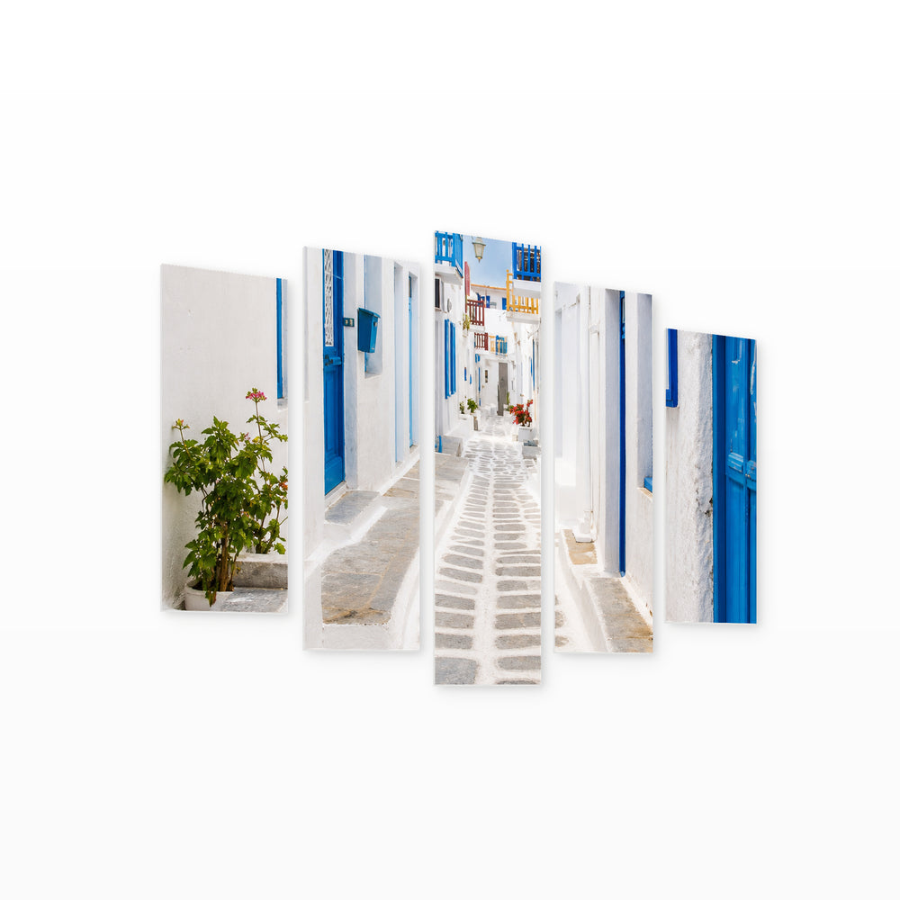 Streets of Mykonos in Blue and Gold — five-panel wall art on white background in perspective | 5wallart 56137 M1