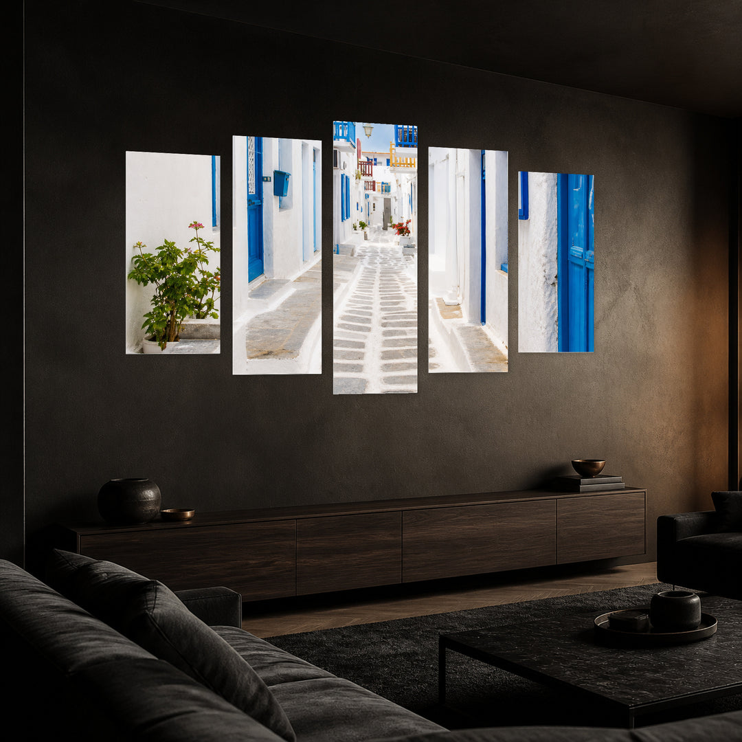 Streets of Mykonos in Blue and Gold — five-panel wall art in perspective interior | 5wallart 56137 M2