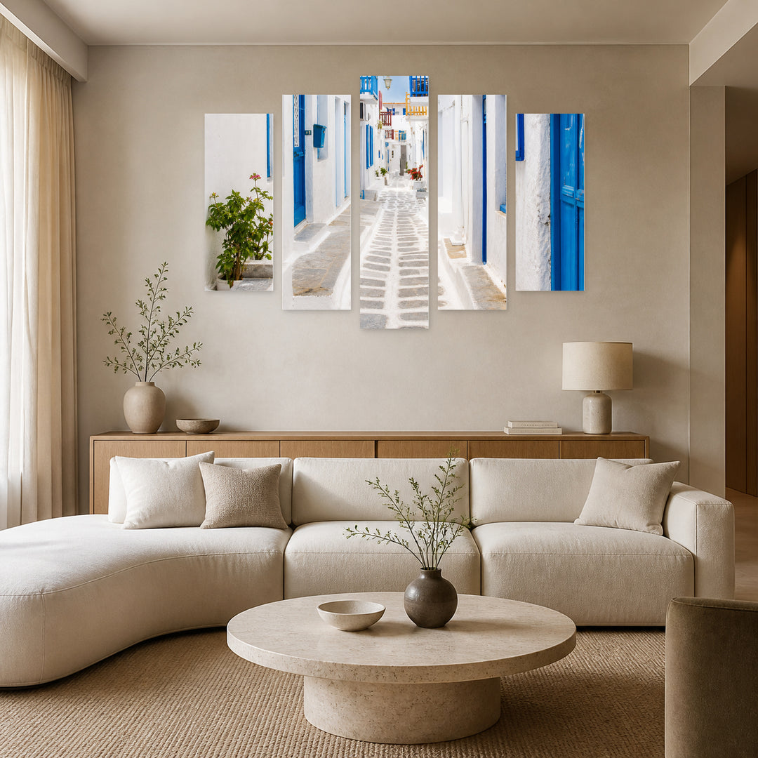 Streets of Mykonos in Blue and Gold — five-panel wall art in frontal interior | 5wallart 56137 M3