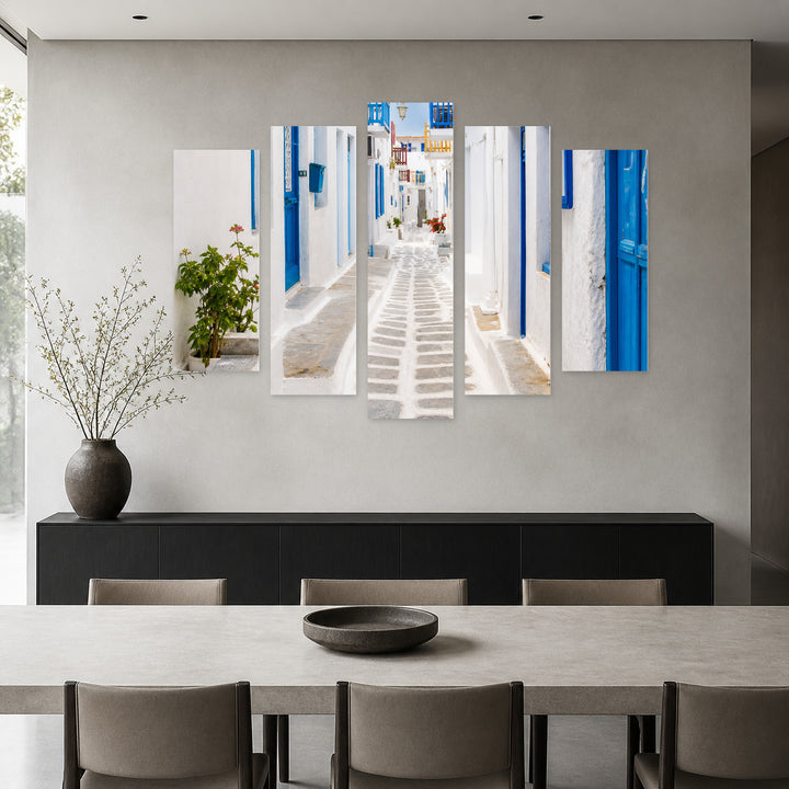 Streets of Mykonos in Blue and Gold — five-panel wall art in alternate frontal interior | 5wallart 56137 M4