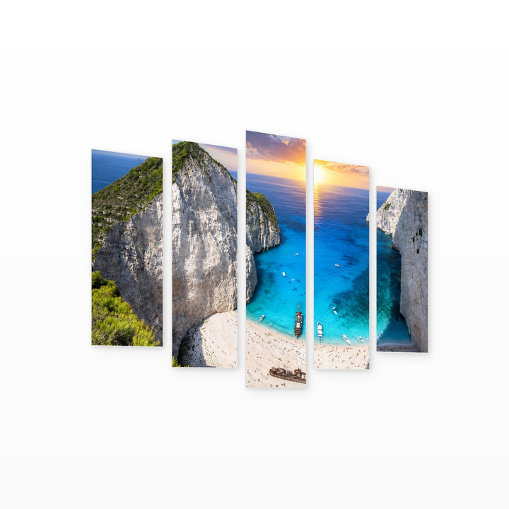 Bay in Zakynthos with Geometric Rhythm — five-panel wall art on white background in perspective | 5wallart 56138 M1