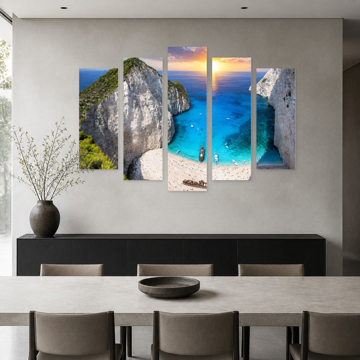 Bay in Zakynthos with Geometric Rhythm — five-panel wall art in frontal interior | 5wallart 56138 M3