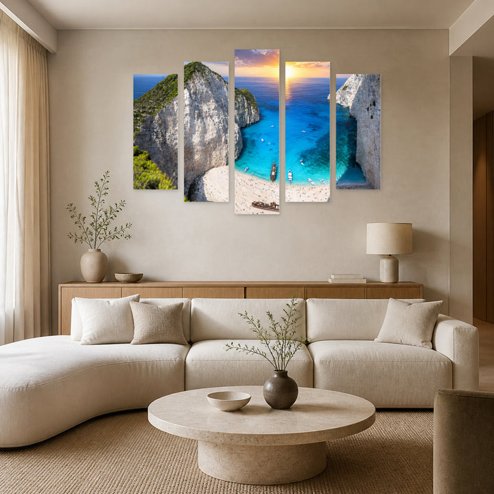 Bay in Zakynthos with Geometric Rhythm — five-panel wall art in alternate frontal interior | 5wallart 56138 M4