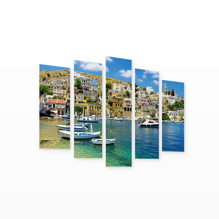 Picturesque Island of Symi in Blue and Gold — five-panel wall art on white background in perspective | 5wallart 56139 M1