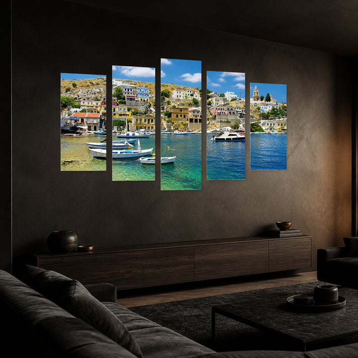 Picturesque Island of Symi in Blue and Gold — five-panel wall art in perspective interior | 5wallart 56139 M2