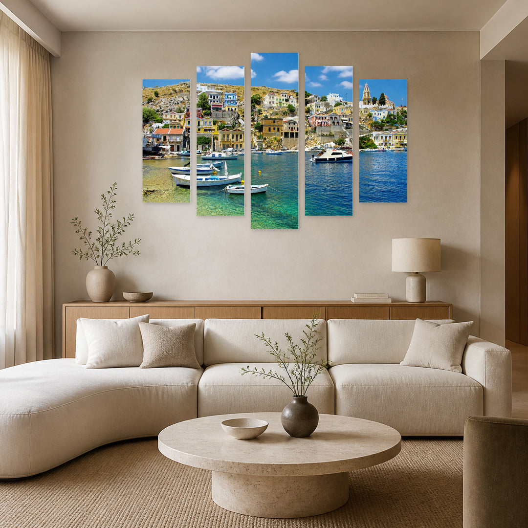 Picturesque Island of Symi in Blue and Gold — five-panel wall art in frontal interior | 5wallart 56139 M3