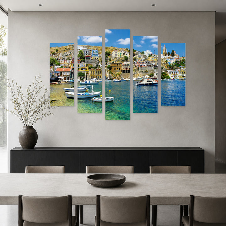 Picturesque Island of Symi in Blue and Gold — five-panel wall art in alternate frontal interior | 5wallart 56139 M4