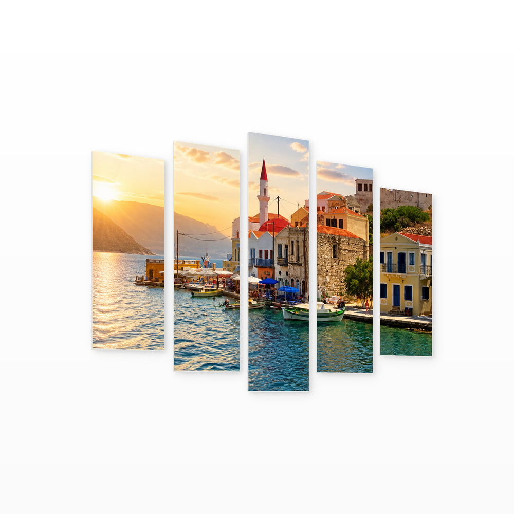 Bay of Kastellorizo at Golden Sunset — five-panel wall art on white background in perspective | 5wallart 56140 M1