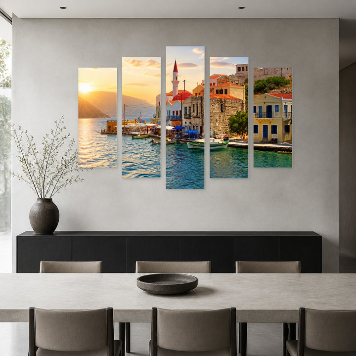 Bay of Kastellorizo at Golden Sunset — five-panel wall art in frontal interior | 5wallart 56140 M3