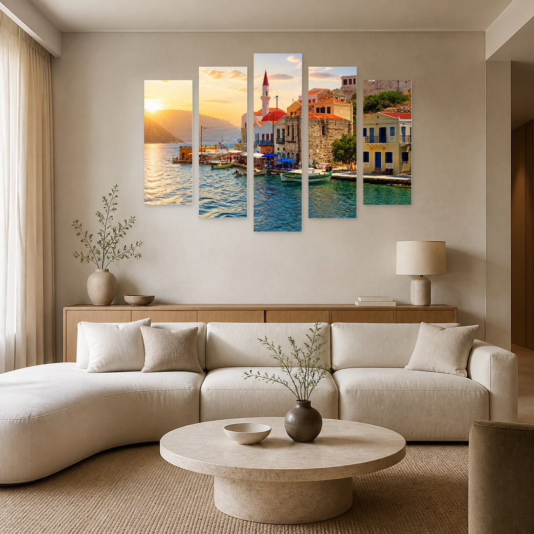 Bay of Kastellorizo at Golden Sunset — five-panel wall art in alternate frontal interior | 5wallart 56140 M4