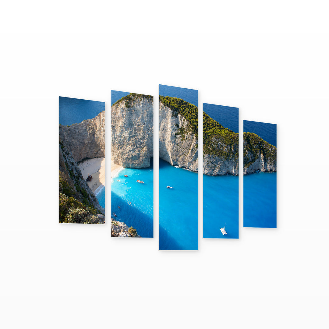Navagio, Zakynthos in Serene Light — five-panel wall art on white background in perspective | 5wallart 56141 M1