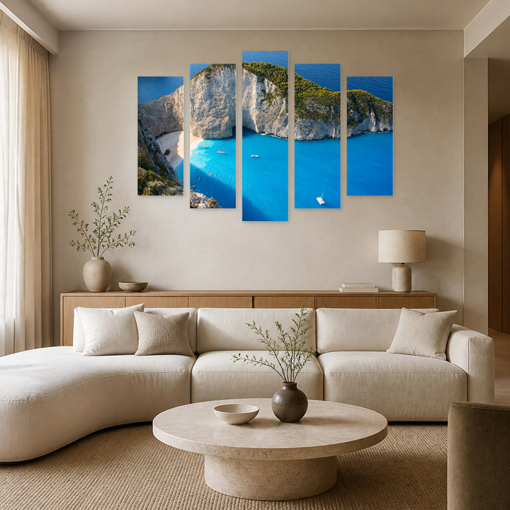 Navagio, Zakynthos in Serene Light — five-panel wall art in frontal interior | 5wallart 56141 M3
