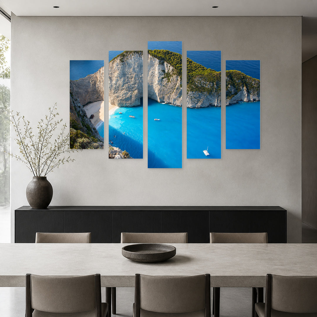 Navagio, Zakynthos in Serene Light — five-panel wall art in alternate frontal interior | 5wallart 56141 M4