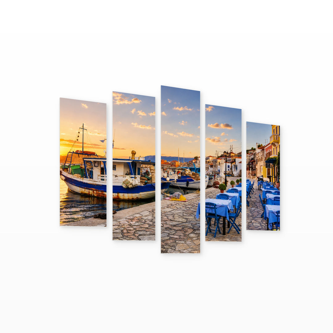 Chalki Island with Old Boats at Golden Sunset — five-panel wall art on white background in perspective | 5wallart 56142 M1