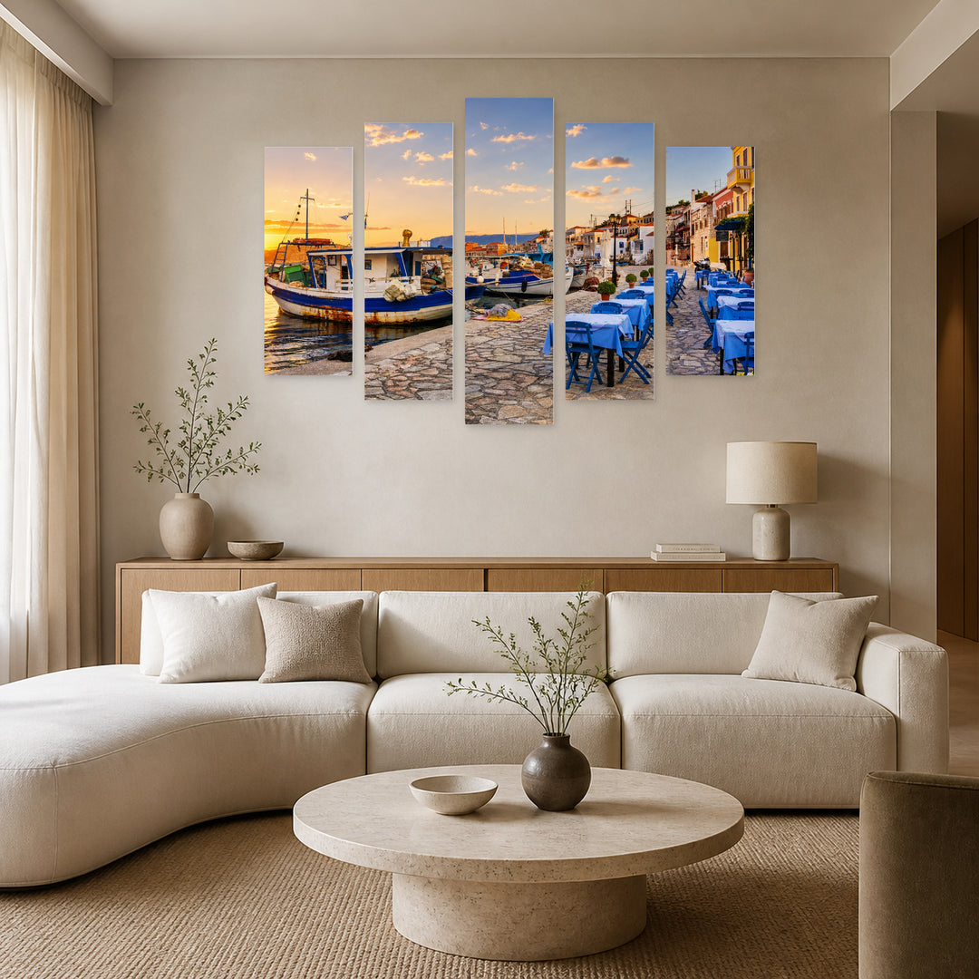 Chalki Island with Old Boats at Golden Sunset — five-panel wall art in alternate frontal interior | 5wallart 56142 M4