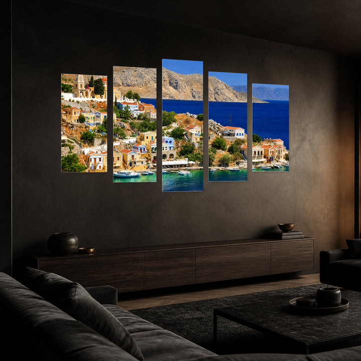 Symi Island, Dodecanese in Serene Light — five-panel wall art in perspective interior | 5wallart 56143 M2