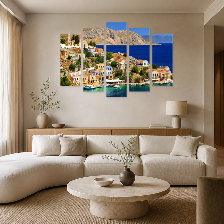Symi Island, Dodecanese in Serene Light — five-panel wall art in frontal interior | 5wallart 56143 M3
