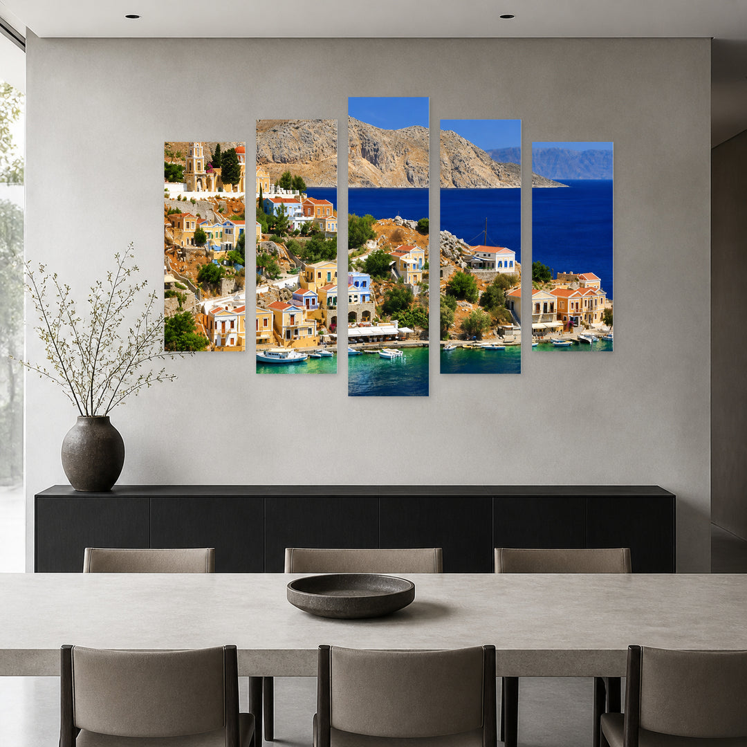 Symi Island, Dodecanese in Serene Light — five-panel wall art in alternate frontal interior | 5wallart 56143 M4