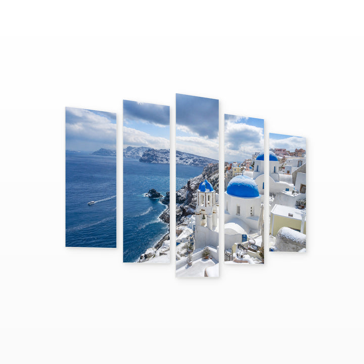 Buildings of Santorini Island in Winter — five-panel wall art on white background in perspective | 5wallart 56145 M1