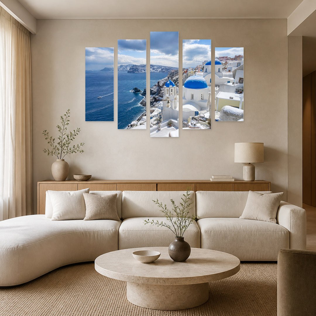 Buildings of Santorini Island in Winter — five-panel wall art in frontal interior | 5wallart 56145 M3