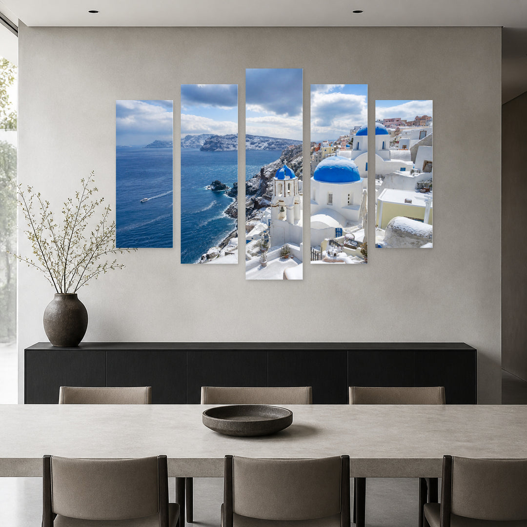 Buildings of Santorini Island in Winter — five-panel wall art in alternate frontal interior | 5wallart 56145 M4