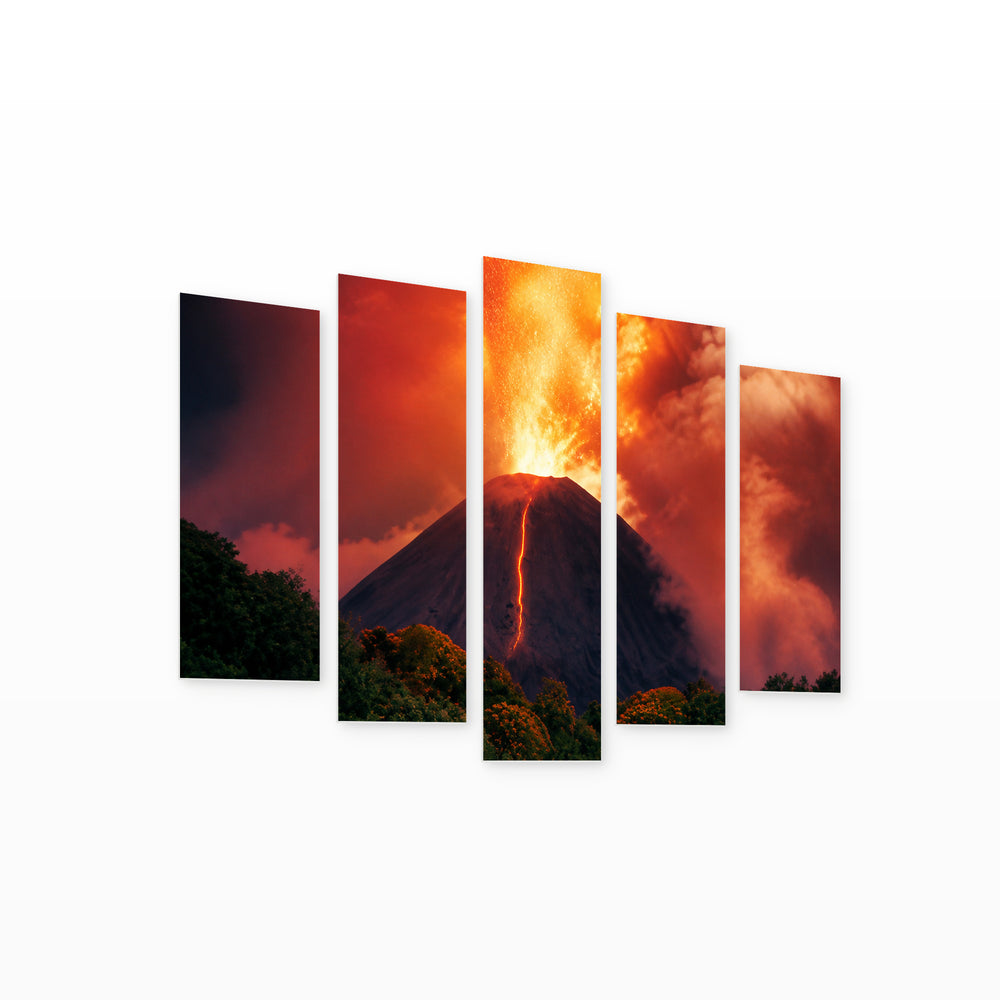 Erupting Volcano with Geometric Rhythm — five-panel wall art on white background in perspective | 5wallart 56147 M1